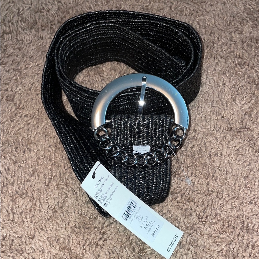 Chico's Textured Black Belt with Silver Chain Buckle